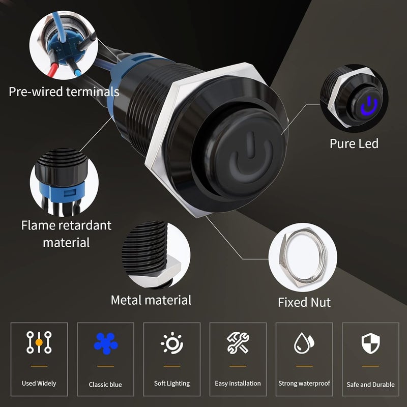 STARELO 5PCS 12mm Latching LED Push Button Switch Mini Round Black Shell with Pre-Wired, Power Mark Logo, IP65 Waterproof Push Button Switch, 1NO 1 Normally, Self Latching (Blue) with LED. - Image 3